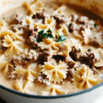 Cheesy Beef And Bowtie Pasta In Garlic Butter